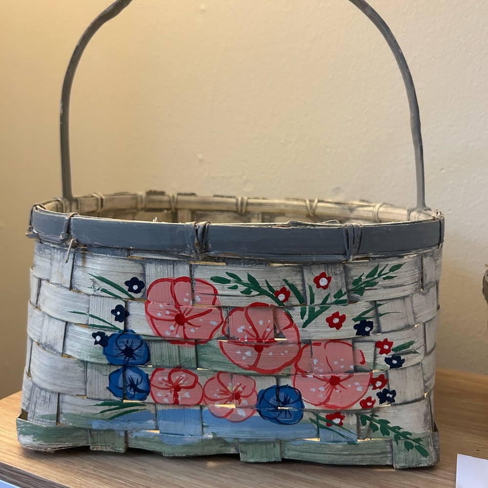 Hand-Painted Floral Woven Basket Tote - Pink & Blue set of 3
